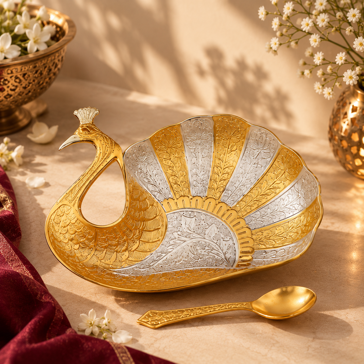 Brass Peacock Shape Serving Tray with Spoon
