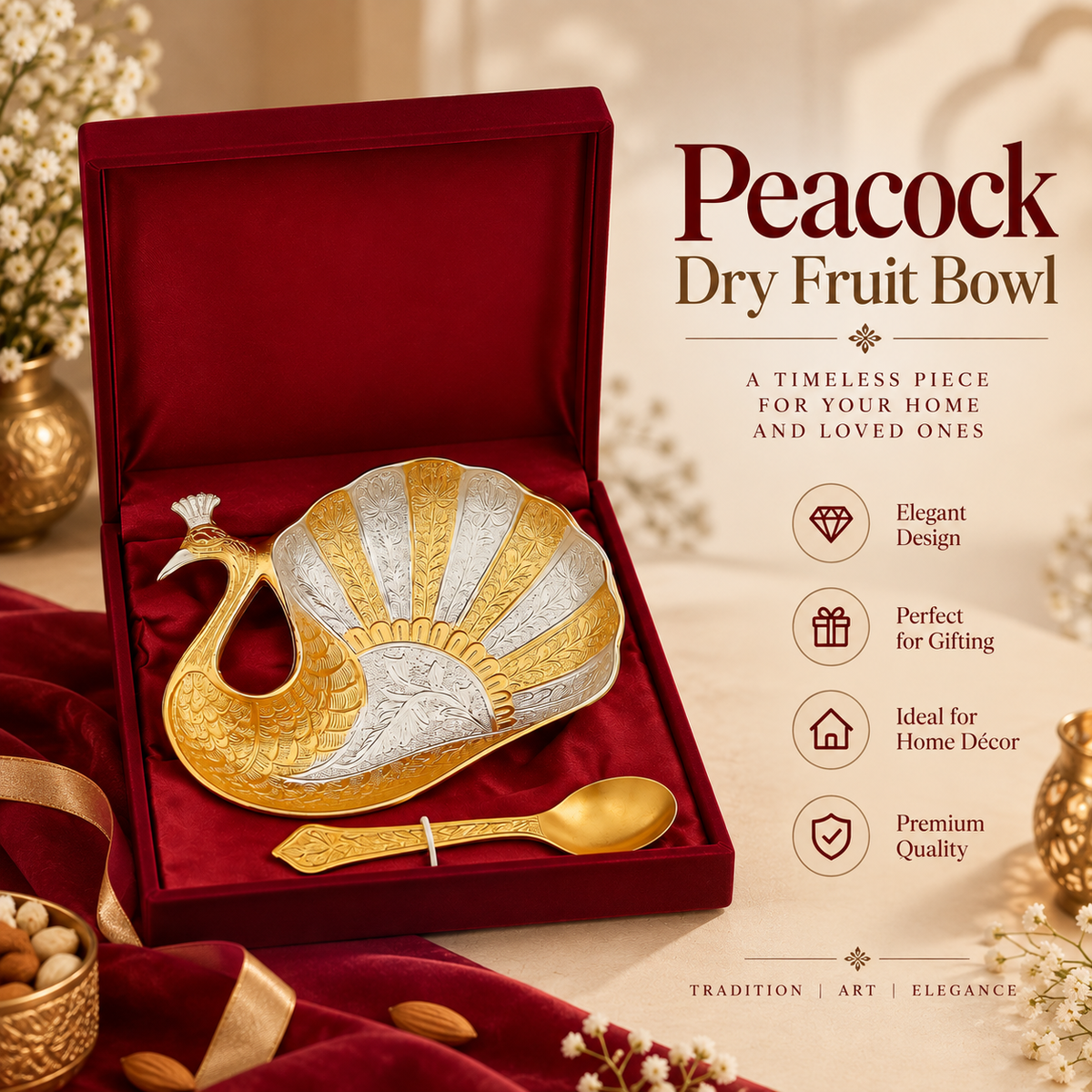 Brass Peacock Shape Serving Tray with Spoon