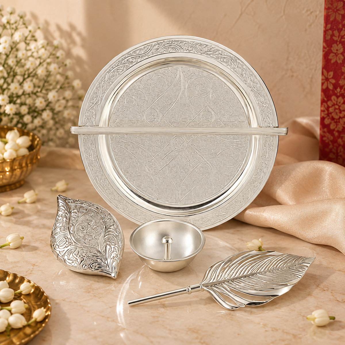 Silver Diya & Peacock Luxury Gift Set | Diwali Puja