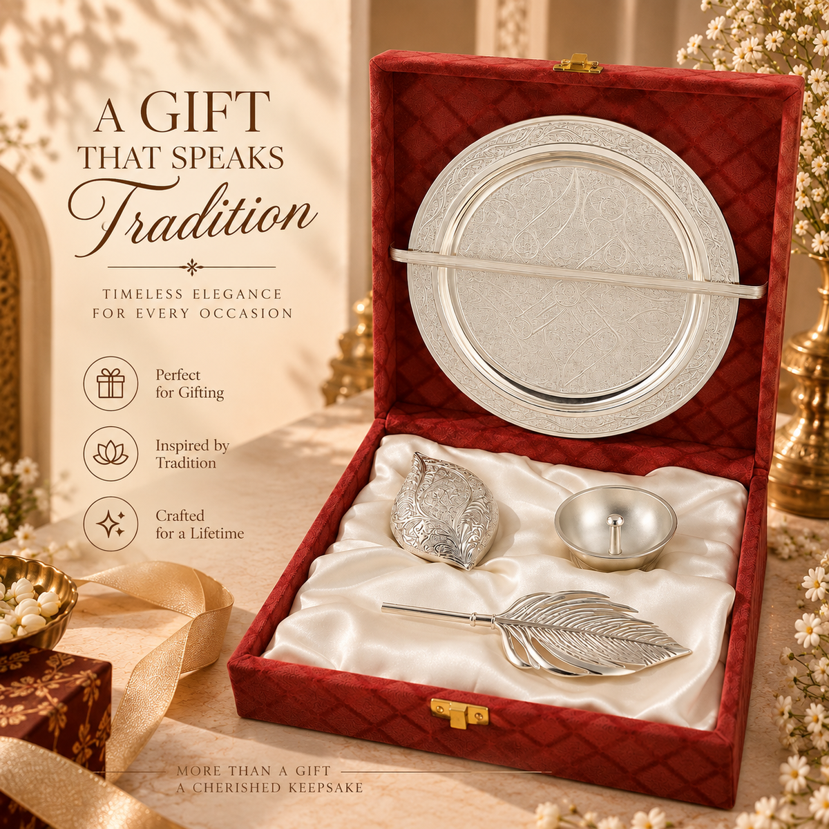 Silver Diya & Peacock Luxury Gift Set | Diwali Puja